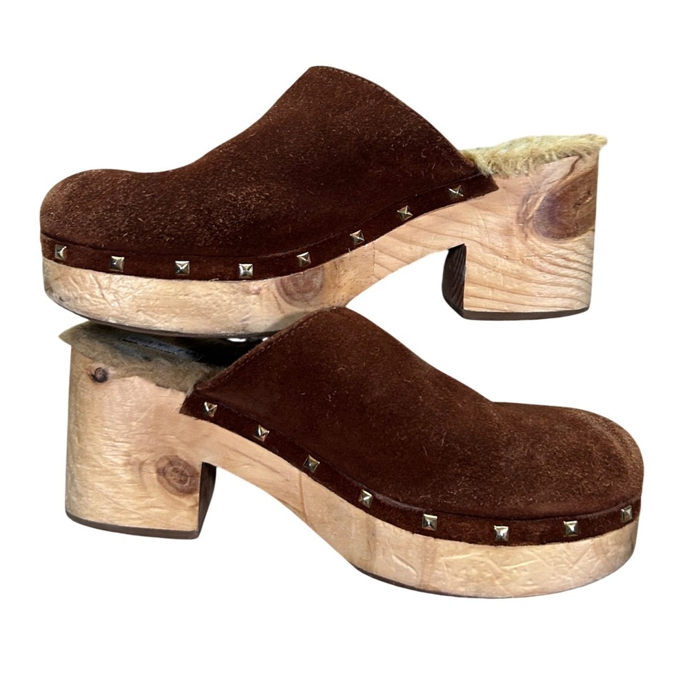 Steve Madden Brooklyn‎ Brown Suede Faux Fur Lined Studded Wood Clogs Womens 8.5M